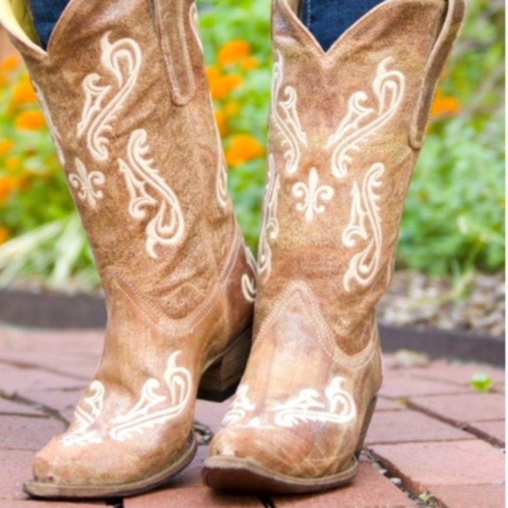 CORRAL Honey Cortez Ivory Scroll fleur de lis Cowboy Western Boots Womens 10 Tan - Picture 2 of 16
